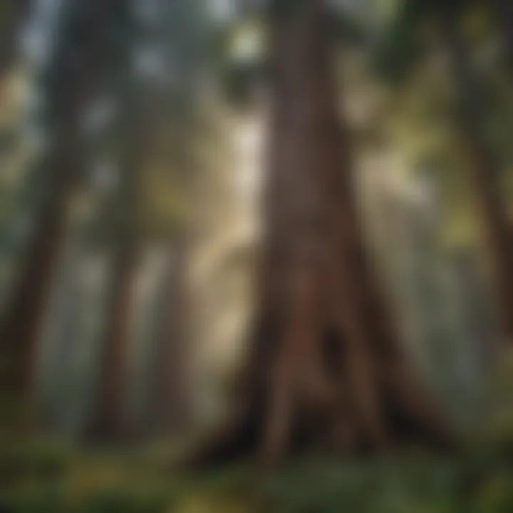 A towering ancient redwood tree in a lush forest setting, showcasing its impressive height and bark texture.