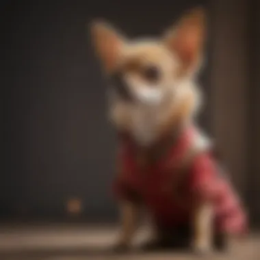 An elegant Chihuahua wearing a fashionable outfit, showcasing its tiny stature.