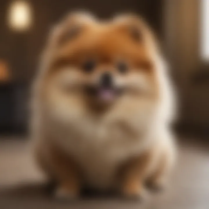 A delightful Pomeranian with a fluffy coat in a playful pose.