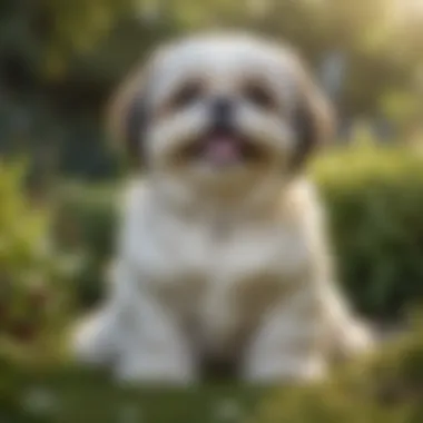 A joyful Shih Tzu with a long, flowing coat, sitting contentedly in a garden.