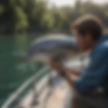 A conservationist working on a boat, conducting research to protect dolphin habitats.