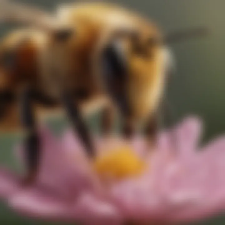 A close-up of a bee pollinating a flower, emphasizing the delicate relationship between bees and plants.