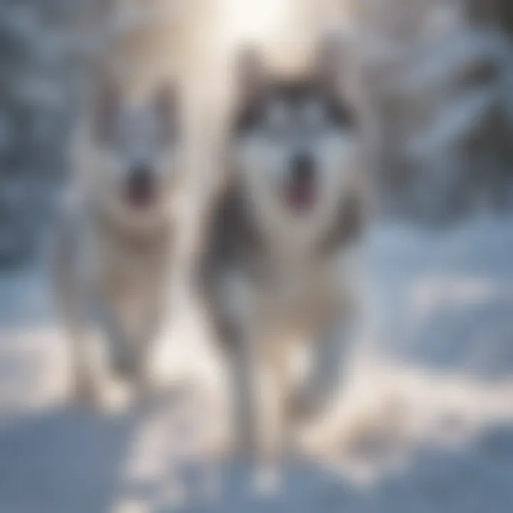 Huskies running in a snowy landscape