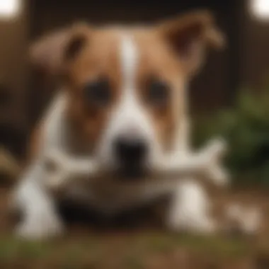 A playful dog engaging with an artificial bone during playtime.