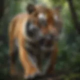 A majestic tiger prowling through a dense jungle, showcasing its vibrant fur and piercing gaze.