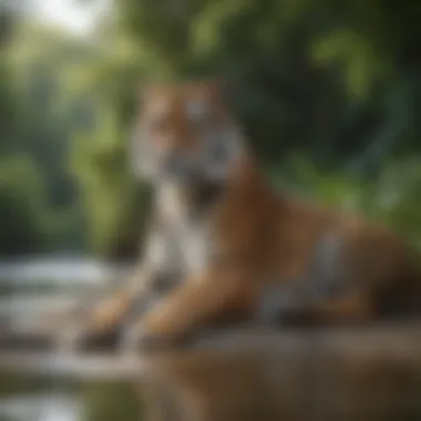 A serene scene of a tiger resting by a riverbank, surrounded by lush greenery.