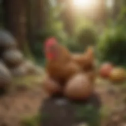 Close-up view of a chicken laying an egg in a natural setting