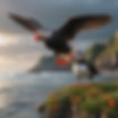 Tufted Puffins In Flight Over the Ocean Dramatic ocean view with tufted puffins flying