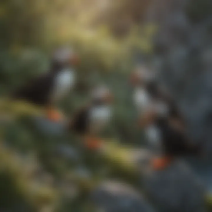 A colony of tufted puffins in their coastal habitat