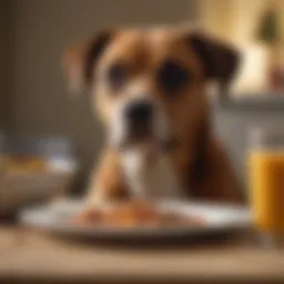 A dog looking curiously at a plate of forbidden food