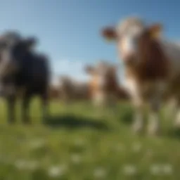 A diverse array of livestock grazing on a green pasture under a clear blue sky
