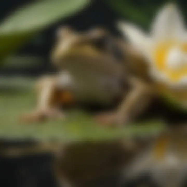 A close-up of a bullfrog resting on a lily pad