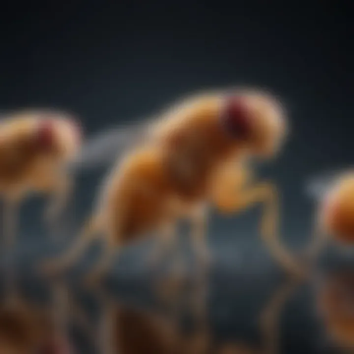 A group of fruit flies buzzing energetically around fruits