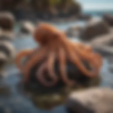 An octopus camouflaged among rocks in a tidal pool