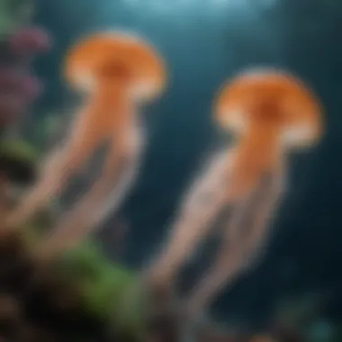 A vibrant underwater scene depicting various jellyfish species in their natural habitat.