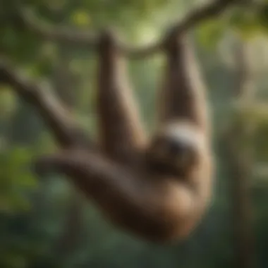 A sloth hanging from a tree branch, showcasing its unique limb structure.