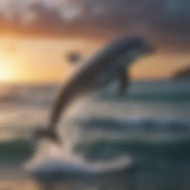 A dolphin leaping out of the water against a backdrop of a vibrant ocean environment.