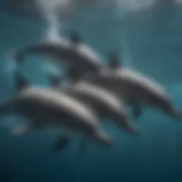 A pod of dolphins swimming gracefully underwater, showcasing their social interaction.