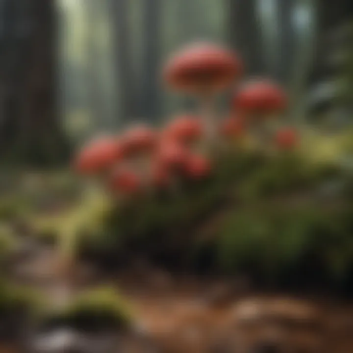 An array of red mushrooms with diverse shapes and sizes