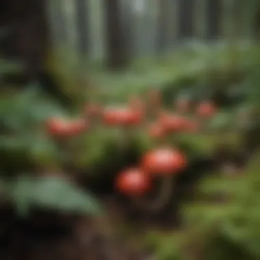 Close-up view of red mushroom caps amidst forest foliage