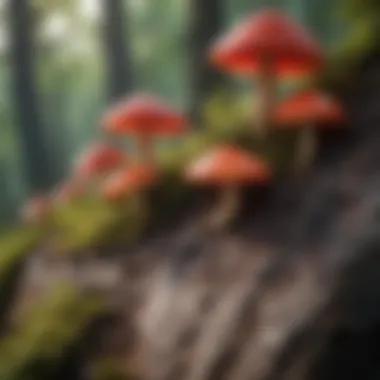 Vibrant red mushrooms growing on the bark of a tree