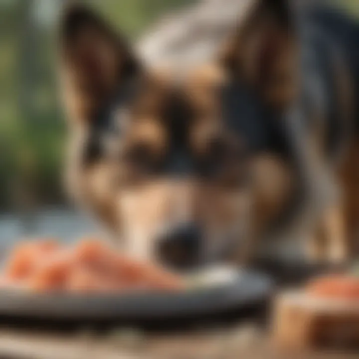 A healthy dog enjoying a meal with raw salmon