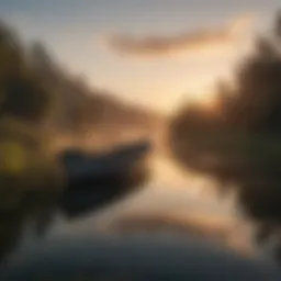 Serene lake with a fishing boat at sunrise