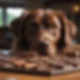A dog looking curiously at a chocolate bar