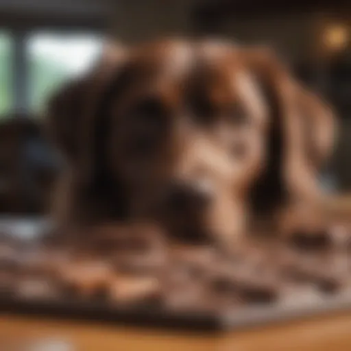 A dog looking curiously at a chocolate bar