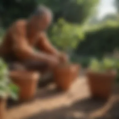 A gardener tending to terracotta strawberry pots in a lush garden setting.