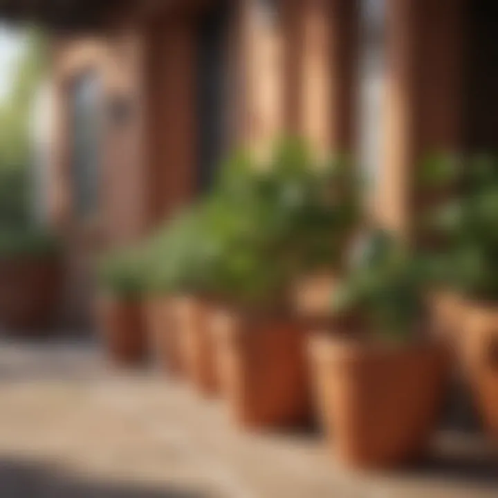 An aesthetically pleasing arrangement of terracotta pots on a patio.