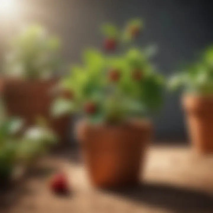 A vibrant strawberry plant thriving in a terracotta pot placed in a sunny garden.