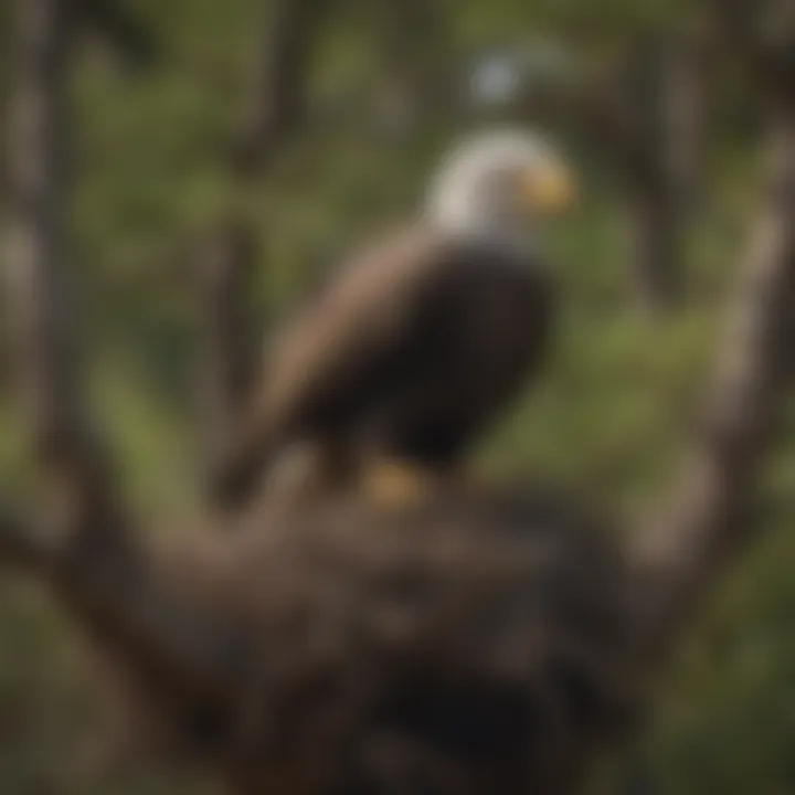 An environmental scene depicting a bald eagle nest high in a tree amidst its habitat.