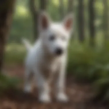 A white German Shepherd puppy exploring a wooded area