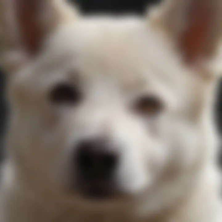 Close-up of a white German Shepherd puppy's face with expressive eyes