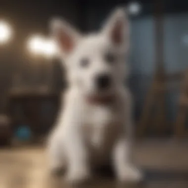 White German Shepherd puppy sitting obediently during training