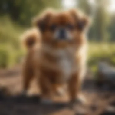 A Tibetan Spaniel exploring a vibrant outdoor environment