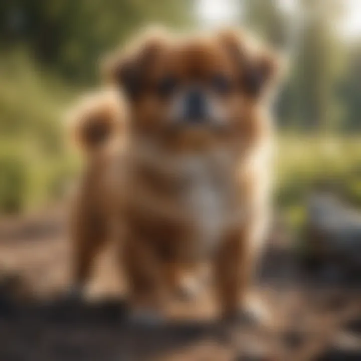 A Tibetan Spaniel exploring a vibrant outdoor environment
