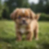 A playful Tibetan Spaniel puppy in a grassy garden