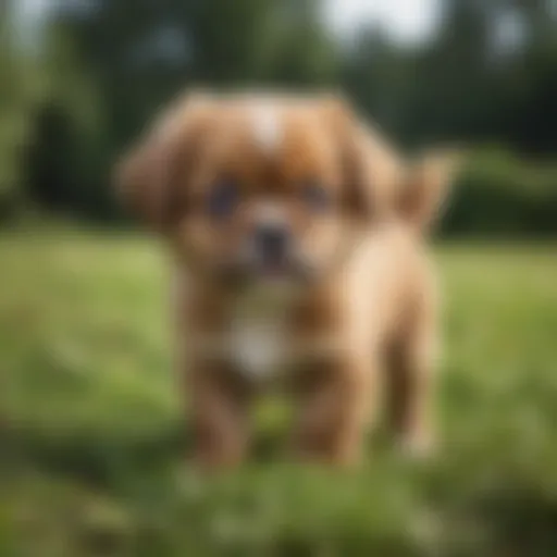 A playful Tibetan Spaniel puppy in a grassy garden