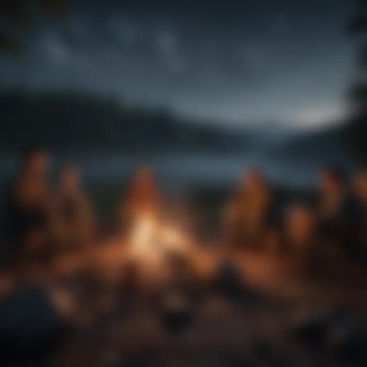 Campers enjoying a cozy evening around a campfire under a starlit sky