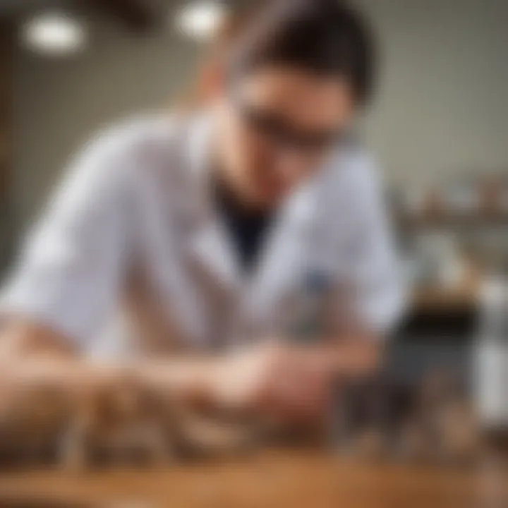 A veterinarian examining a cat for flea and tick infestations.