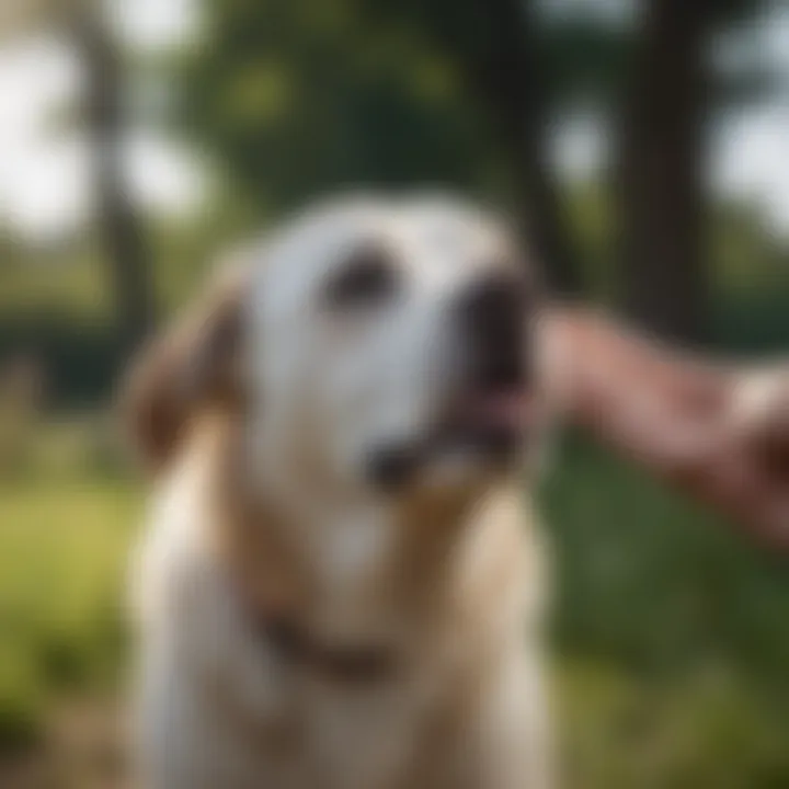 Close-up of a deaf dog responding to a hand signal