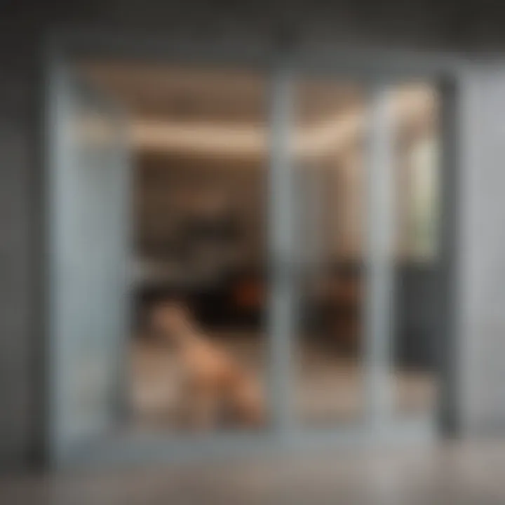 Various types of automatic dog sliding doors displayed in a showroom