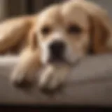Senior dog with back leg weakness resting on a soft bed