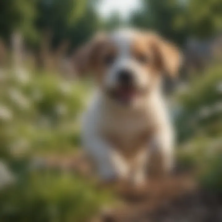 Puppy playing energetically in a garden