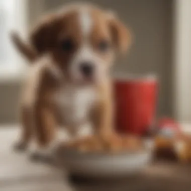 Puppy eating from a bowl with various food types