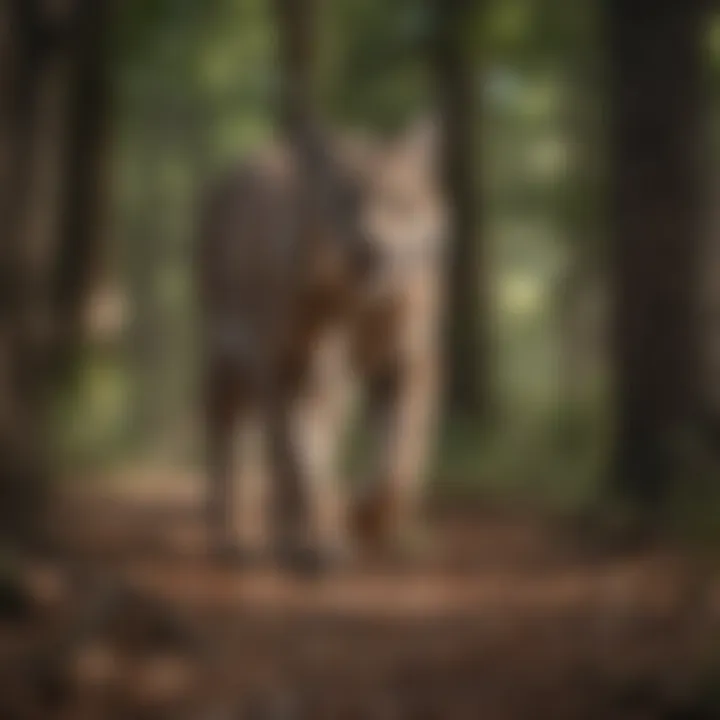 Bobcat prowling through a dense forest