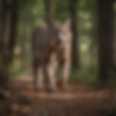 Bobcat in Motion Among the Trees Bobcat prowling through a dense forest