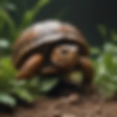 A close-up of a box turtle enjoying a diverse meal of greens and insects.